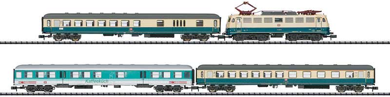 Moselle Valley Railroad Passenger Train-Only Set w/DCC/SX - Minitrix -- German Federal Railway (Era V; Ivory, blue) Class 110 & 3 Cars