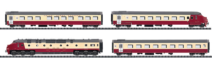 Diesel Passenger TEE Express Rail Car Train, DCC/SX, Sound, Interior Lightin -- Dutch State Railways Class DE 1003 Loco, 2 Intermediate Cars, End Car