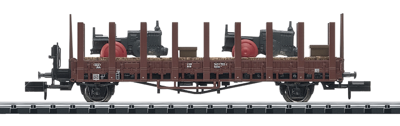 Type Rms 31 Stake Flatcar 3-Car Set - Ready to Run - Minitrix -- With Tractor & Hand Car Loads, German State Railroad DRG (Era III, brown)-1