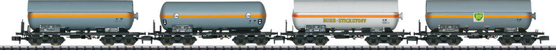 4-Axle Pressurized Gas Tank Car 4-Pack - Ready to Run -- 1 Each: Eva RR Transport, VTG, Ruhr Nitrogen & BP (Era III 1980s)-1