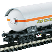 4-Axle Pressurized Gas Tank Car 4-Pack - Ready to Run -- 1 Each: Eva RR Transport, VTG, Ruhr Nitrogen & BP (Era III 1980s)