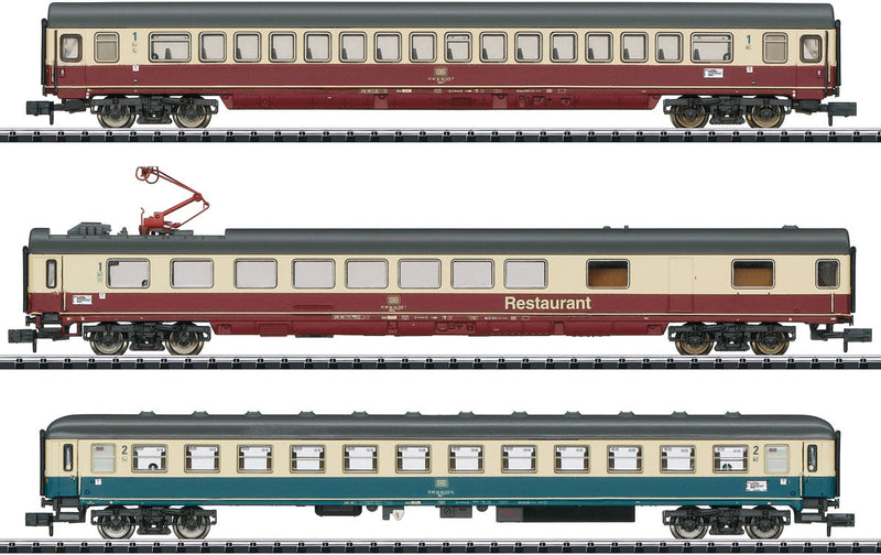 IC 611 Gutenberg Coach, Diner, Compartment Car Set - Ready to Run - Minitrix -- German Federal Railway (Era IV 1984; red, ivory, blue, Ivory Schemes)