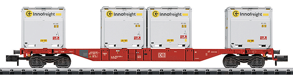 Minitrix Type Sgns Container Flatcar w/4 XS WoodTainer Load - Ready to Run -- German Federal Railway (Era VI, Traffic Red; 4 Innofreight Containers, white