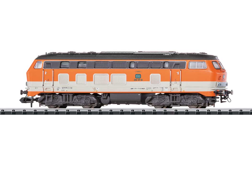 Class 218 Diesel - Sound and DCC - Minitrix -- NeSA Railroad Operating Company NeSA #218 117-0 (Era VI 2022, orange, white)-2