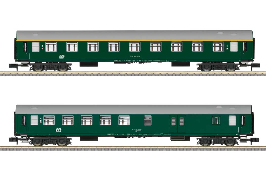 Type Y/B 2nd Class Combine, 1st Class Coach Set - Ready to Run - Minitrix -- Czech Railroad CD (Era V 1968, green, gray)