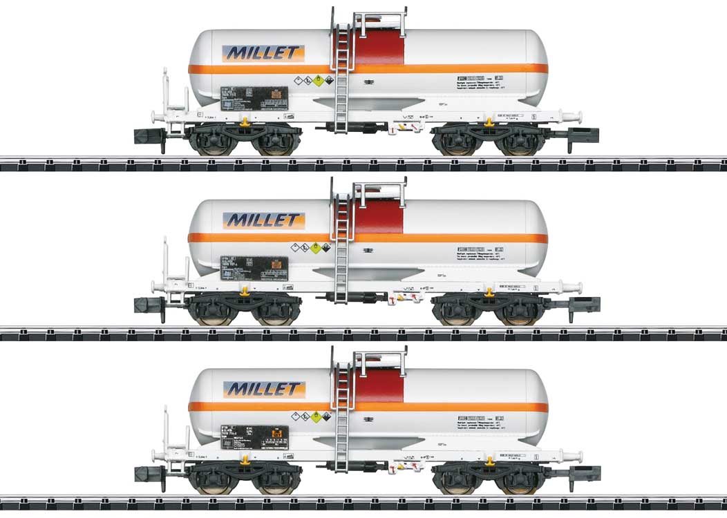 4-Axle Tank Car 3-Pack - Ready to Run - Minitrix -- Millet (Era VI 2024, white, orange, red)