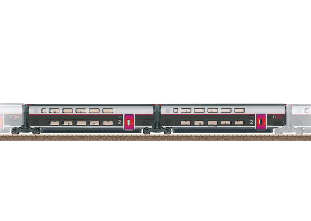 TGV INOUI Add-On R6 & R7 2nd Class Intermediate Car 2-Pack - Ready to Run -- French State Railways SNCF #4713 (Era VI 2025, black, gray, white, red)