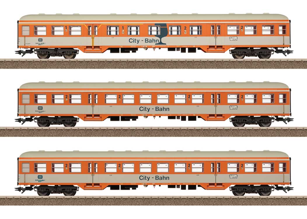 2 Type Bnrzb 778.1 2nd Class & 1 ABnrzb 772.2 1st/2nd Class Café - Ready to Ru -- German Federal Railroad DB (Era IV 1986, orange, light gray)
