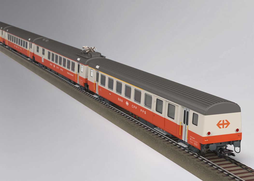 Type AD Combine, Type WR Diner, 2 Type B Coaches - Ready to Run -- Swiss Federal Railways SBB/CFF/FFS (Era IV 1975, Swiss Express, gray, orange-2