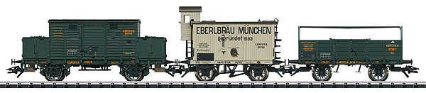 Royal Bavarian State Railways - K.Bay.Sts.B - Era I - 3-Car Set - Ready-to-Run -- 1 Each: Foodstuffs Car (green), Eberlbrau Beer Car (white), Gondola (green)