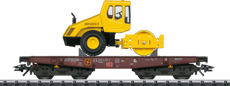 Type Rlmmps 651 Heavy-Duty Flatcar with Bomag BW213 Load - Ready-to-Run -- German Federal Railway (Era V, Brown Car; Yellow Steam Roller)