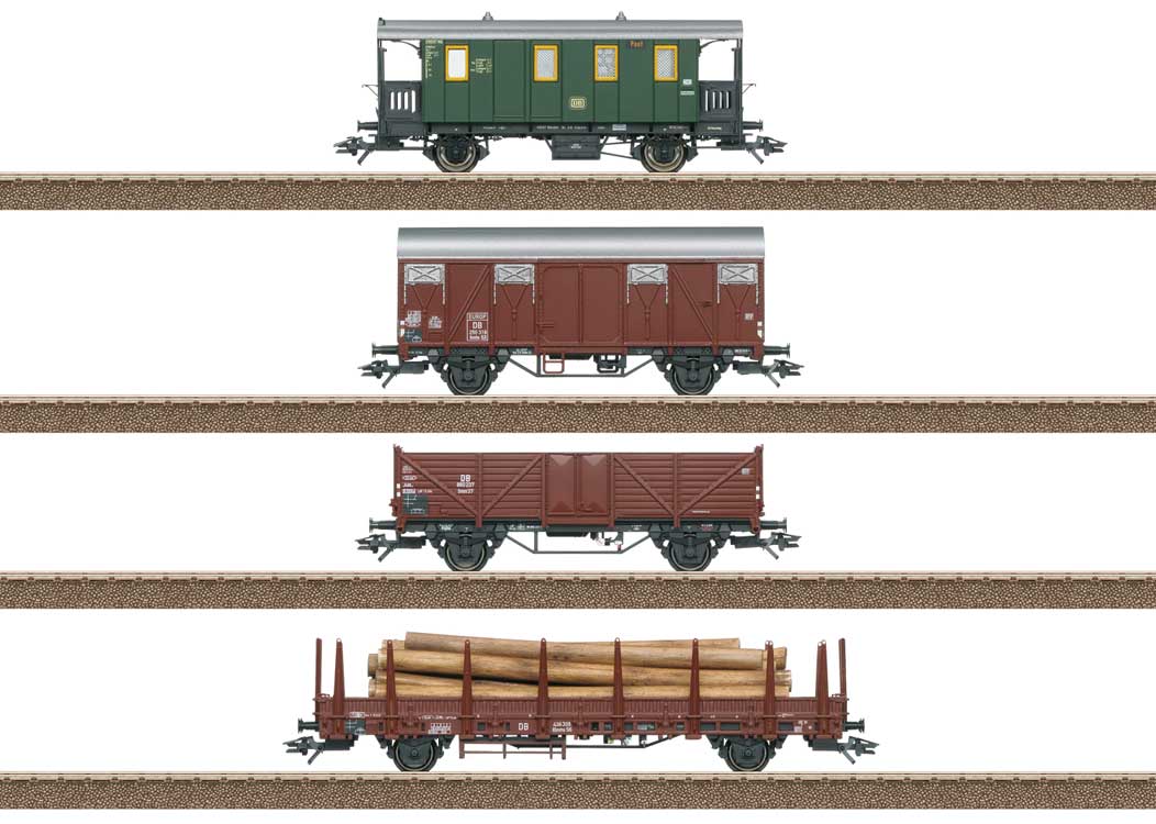 LpwPost Baggage, Gmhs 53 Box, Omm 37 Gondola, Rlmms 56 Stake Set - Ready to -- German Federal Railroad DB (Era III 1950s)-1