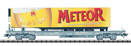 Deep Well Flatcar with Semi-Trailer -- French State Railways / Brasserie Meteor (Gray Flatcar; Yellow, Red Trailer)