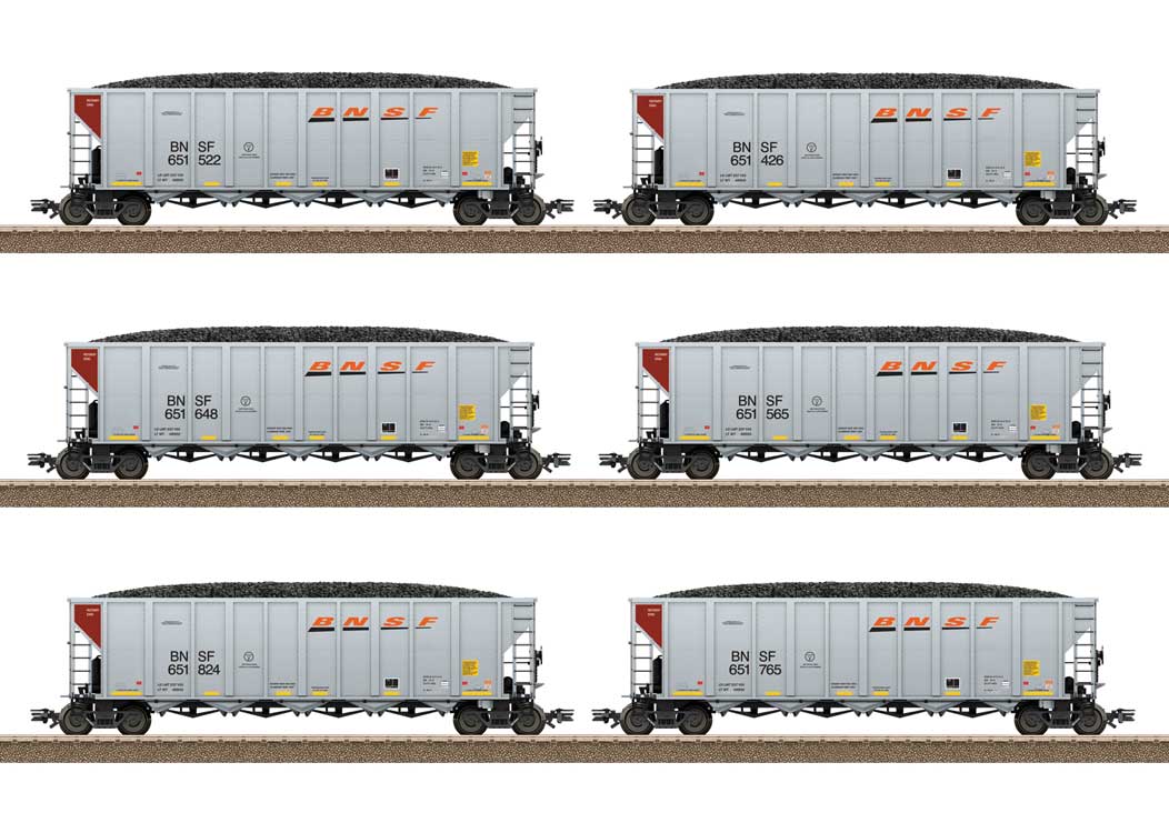 Coal Hopper 6-Pack w/Loads - Ready to Run -- BNSF Railway (2020s Scheme, silver, brown, orange, black, Wedge Logo)