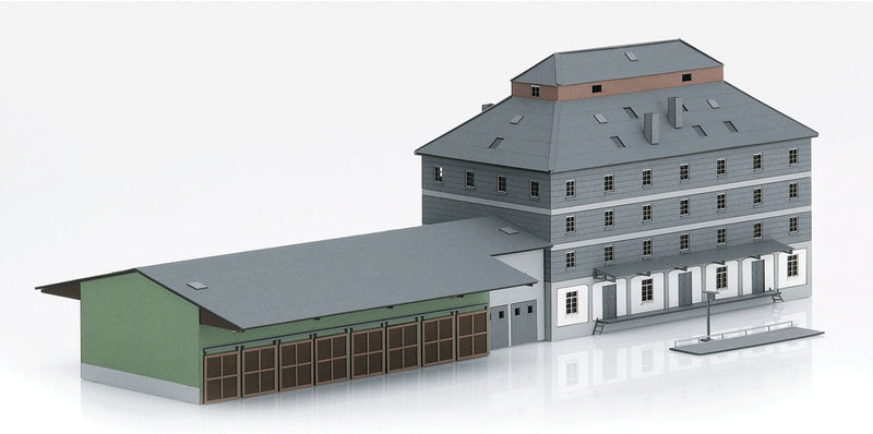 Raiffeisen Warehouse with Market - Minitrix -- Laser-Cut Cardstock Kit - 6-7/8 x 3-7/8" 17.4 x 9.8cm