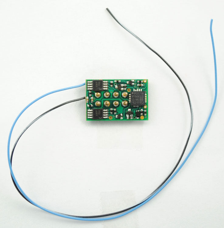 DP2X-UK-KA 2-Function Direct Plug DCC Decoder w/Keep Alive Wires - Control Onl -- 90 Degree 8-Pin Plug w/Extra blue, black/white Wires .37 x .59 x .11"