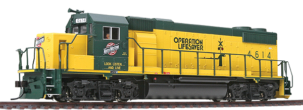 Atlas HO Trainman(TM) Diesel EMD GP38-2 Late Phase Powered -- Chicago & North Western "Operation Lifesaver" #4614 (yellow, green)