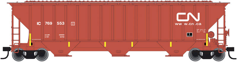 Thrall 4750 3-Bay Covered Hopper - Ready to Run -- Canadian National #769587 (Boxcar Red, yellow Conspicuity Markings)