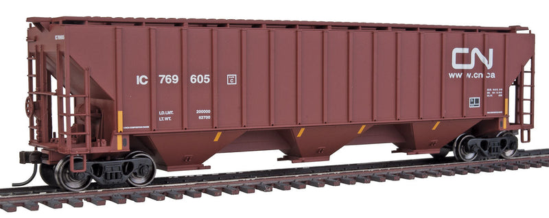 Thrall 4750 3-Bay Covered Hopper - Ready to Run -- Canadian National #769605 (Boxcar Red, yellow Conspicuity Markings)