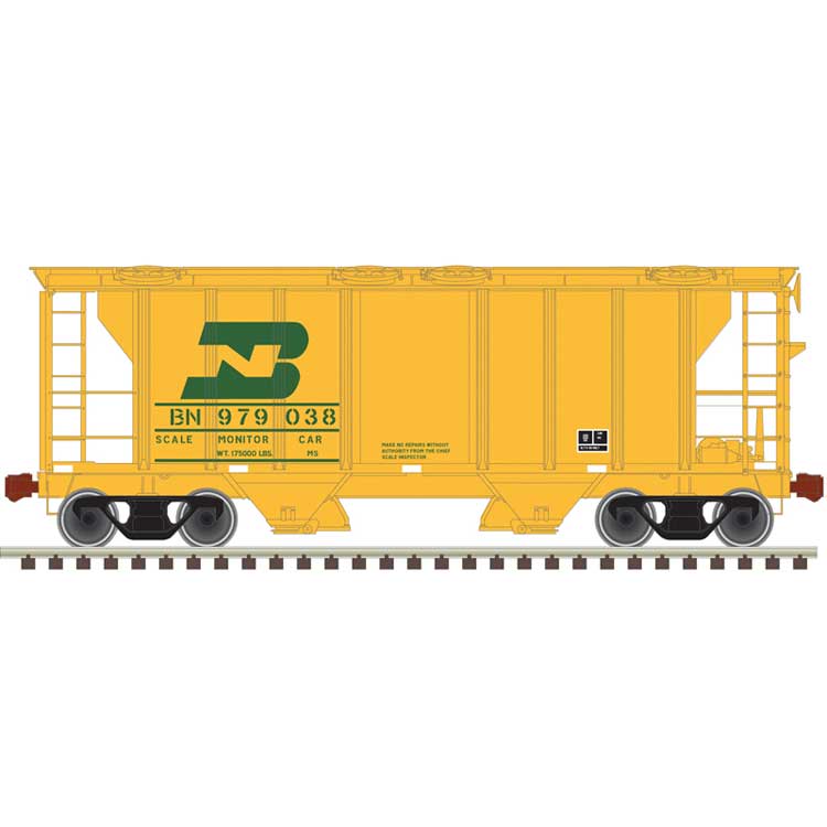 PS-2 2-Bay Covered Hopper - Ready to Run -- Burlington Northern 979039 (yellow, green, Scale Monitor Car)