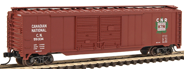 N Trainman(R) 50' Double-Door Boxcar, Assembled -- Canadian National #551334 (Boxcar Red, white, green)