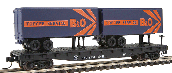 Atlas Trainman(R) Piggyback with 2 Trailers -- Baltimore & Ohio #8710 (blue, orange, black, white)