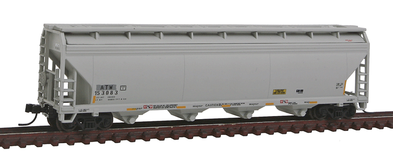 ACF(R) 5250 4-Bay Covered Hopper - Ready to Run -- Atlantic & Western ATW #153083 (gray, yellow Conspicuity Markings, No Logo)