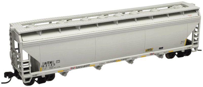 ACF(R) 5250 4-Bay Covered Hopper - Ready to Run -- Atlantic & Western ATW #153135 (gray, yellow Conspicuity Markings, No Logo)