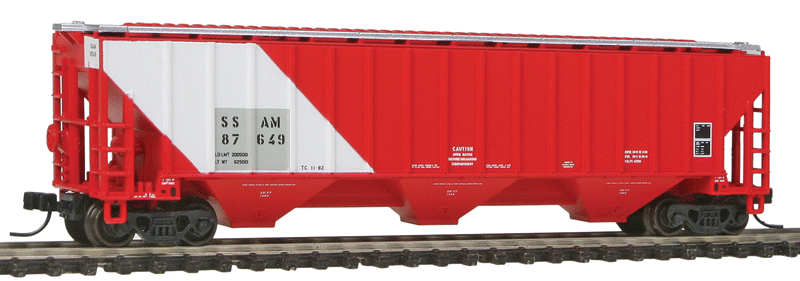 Thrall 4750 3-Bay Covered Hopper - Ready to Run -- Sault St. Marie Bridge Co. (WC) SSAM #87649 (Patch Job, red, whie, gray)