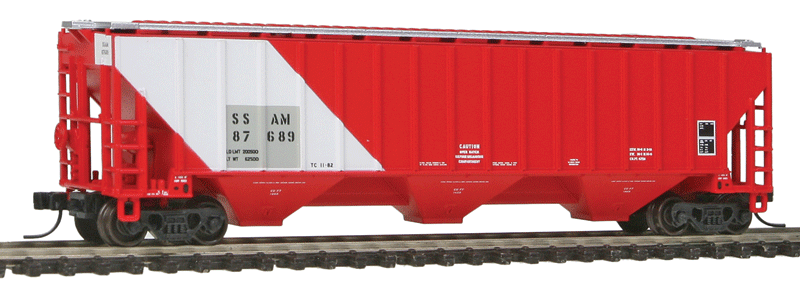 Thrall 4750 3-Bay Covered Hopper - Ready to Run -- Sault St. Marie Bridge Co. (WC) SSAM #87689 (Patch Job, red, whie, gray)