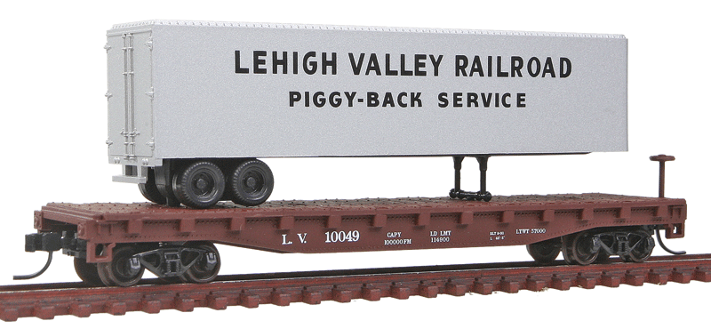 50' Flatcar w/40' Trailer - Ready to Run -- Lehigh Valley #10049 (Boxcar Red Flat, silver Trailer)