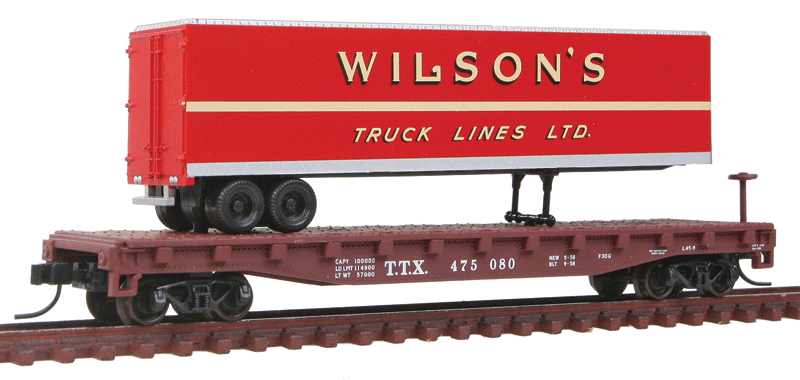 50' Flatcar w/40' Trailer - Ready to Run -- Trailer-Train #475080 (Boxcar Red Flat; red Wilson Truck Lines Trailer)