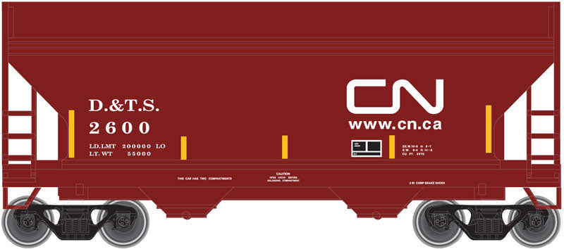2-Bay Centerflow Hopper - Ready to Run -- Canadian National #2615 (Boxcar Red, Website Noodle, yellow Conspicuity)