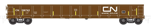 Evans 52' Gondola - Ready to Run -- Canadian National #136742 (Boxcar Red, white, yellow, Noodle Website Logo)