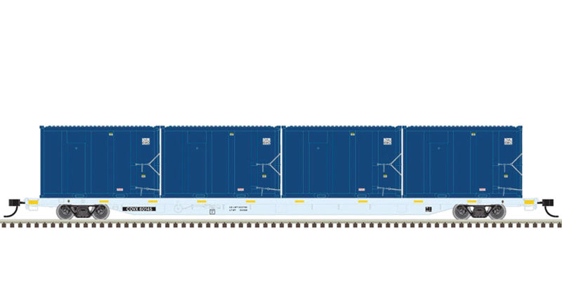 85' Trash Container Flatcar with 4 MSW Containers - Ready to Run -- Covanta 60150 (gray) with OVAU 60183, 60227, 60451, 60465 (blue)