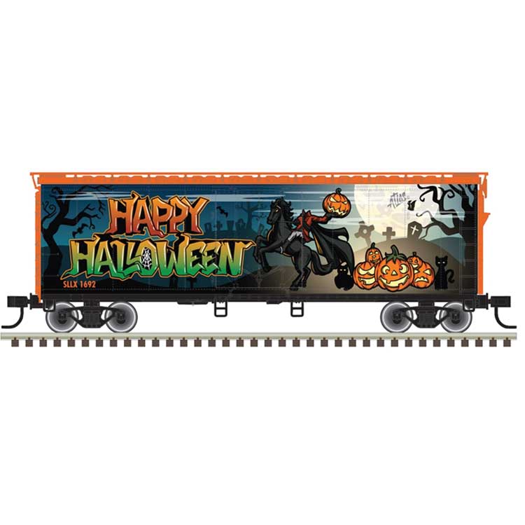 40' Plug-Door Boxcar - Ready to Run - Trainman(R) -- Happy Halloween SLLX #1692 (black, orange; Headless Horsemen, Pumpkins)