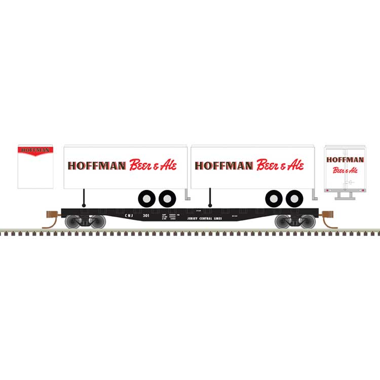 50' Piggyback Flatcar w/Two 24' Trailers - Ready to Run -- Central Railroad of New Jersey #307 (Hoffman Trailers, white, black, red)