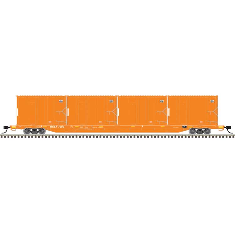 85' Trash Container Flatcar with 4 MSW Containers - Ready to Run -- East Carbon DSEX #7209/DSEU 70652, 70804, 70877, 71133 (orange)