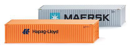 40' Corrugated Intermodal Container Set - Ready to Run -- 1 Each Maersk (gray, blue, black) & Hapag-Lloyd (orange, blue, black)
