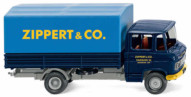 Mercedes-Benz L 408 Low-Side Delivery Truck - Assembled -- With Tarp Cover Zippert & Co. (blue, yellow)