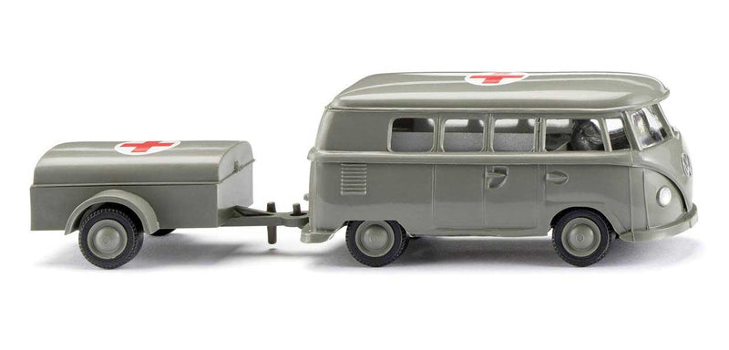 1963 Volkswagen T1 Passenger Van with Trailer - Assembled -- Red Rooster Ambulance Red Cross (gray, white, red)
