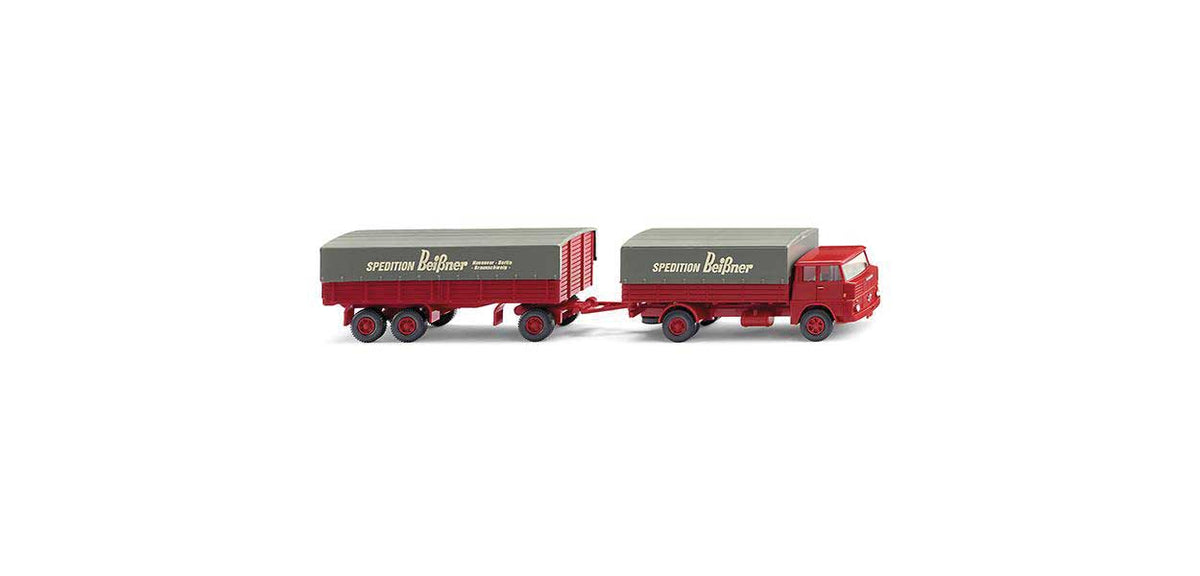 1961-1965 Henschel HS 14/16 Low-Side Truck w/Trailer - Assembled -- Spedition Beissner (red, gray, white, German Lettering)