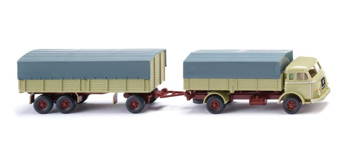 1955-1961 Henschel Low-Side Truck w/Cover and Trailer - Assembled -- Beige-Green, Red, Gray