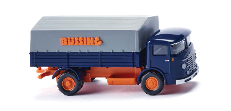 1953-1955 Bussing 4500 Low-Side Truck with Tarp Cover - Assembled -- Bussing (blue, orange; German Lettering)