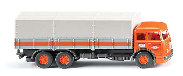 1951 Bussing 12.000 Low-Side Truck, Tarp Cover - Assembled -- Fehrkotter (orange, gray; German Lettering)