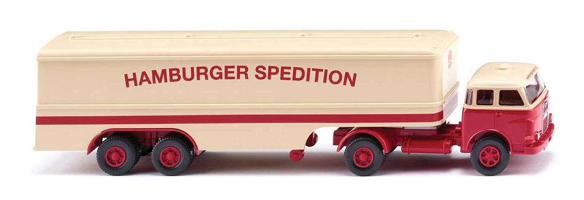 MAN Pausbacke Tractor with Rounded Box Trailer - Assembled -- Hamburger Spedition (red, beige, German Lettering)