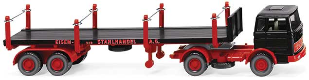 1963-1967 Mercedes-Benz Tractor with Stake Trailer - Assembled -- Eisen- und Stahlhandel A.G. (black, red, German Lettering)