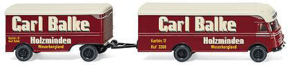 1956 Ackermann Furniture Delivery Van w/Trailer - Assembled -- Carl Balke (red, white, yellow, German Lettering)