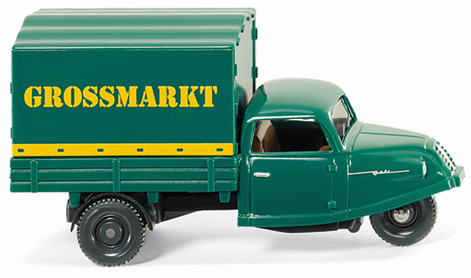 DRK Goli 3-Wheeled Pickup Truck - Assembled -- With Covered Bed, Grossmarkt (green, yellow German Lettering)