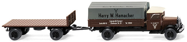 Mercedes-Benz L 2500 Low-Side Truck w/Flatbed Trailer - Assembled -- Sped. Hamacher (brown, white, German Lettering)